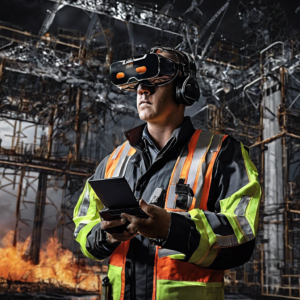 Um trabalhador com colete refletivo de segurança e headset de VR avançado diante de um cenário industrial em chamas, usando um tablet para gerenciar ou simular operações de emergência