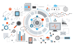 Esta imagem representa um infográfico colorido que detalha diversos elementos de análise de dados e tecnologia, com ícones como um microchip, computação em nuvem, gráficos e redes de conectividade