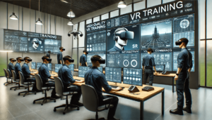 Uma sala de treinamento de alta tecnologia onde treinandos com headsets VR interagem com simulações detalhadas em telas digitais, evidenciando os recursos do treinamento imersivo em VR