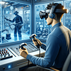 Ilustração puramente visual de uma sessão de treinamento em simulação de realidade virtual, sem texto ou rótulos. A cena mostra um treinando totalmente imerso em uma simulação.