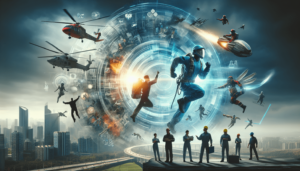 Uma cena futurista retratando diversos cenários de treinamento de segurança com trabalhadores utilizando tecnologia avançada e simulações VR, incluindo resgates de helicóptero e operações em grandes alturas