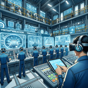 Ilustração detalhada retratando uma sessão de treinamento em realidade virtual para operadores em um ambiente industrial de alta tecnologia