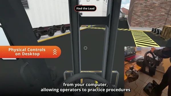 O mesmo exercício de empilhadeira sendo executado em um PC e em um visor de realidade virtual