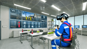 Uma sala de treinamento de alta tecnologia onde os funcionários usam headsets VR para participar de treinamento imersivo de gestão de riscos, com simulações realistas e elementos interativos