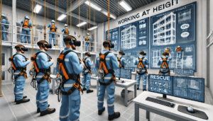 Uma sala de treinamento de alta tecnologia onde os funcionários usam headsets VR para participar de módulos imersivos de treinamento para trabalho em altura