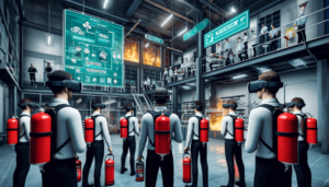 Personal en formación con visores de realidad virtual participa en un simulacro de seguridad contra incendios en una planta industrial virtual, practicando técnicas de evacuación y extinción de incendios