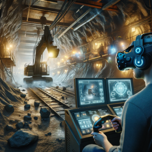 Uma cena retratando uma sessão de treinamento de mineração em realidade virtual. O cenário é subterrâneo, em um ambiente de mina simulado