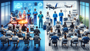 Uma sessão de treinamento profissional contrastando VR e métodos tradicionais. À esquerda, um grupo diverso de pessoas usando headsets de VR participa de um treinamento imersivo