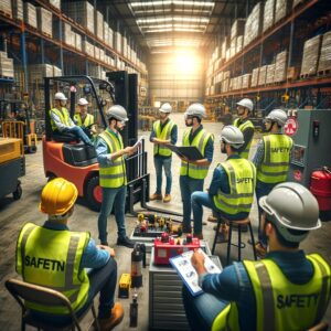 Uma sessão de treinamento de segurança presencial acontecendo dentro de um galpão industrial. A cena mostra um grupo de trabalhadores usando capacetes e óculos de proteção