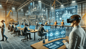 Personal en un entorno industrial utiliza visores de realidad virtual para interactuar con simulaciones digitales en pantallas grandes durante la capacitación en seguridad laboral