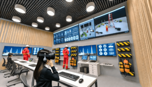 Uma sala de treinamento de alta tecnologia onde os funcionários usam headsets VR para participar de treinamento imersivo de gestão de riscos