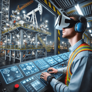 Un trabajador con equipo de protección participa en una simulación de realidad virtual de la operación de una plataforma petrolera, lo que destaca el entorno de capacitación inmersiva en la industria del petróleo y gas