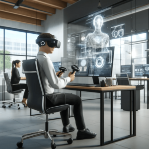 Uma sessão de treinamento em realidade virtual em um ambiente de escritório moderno. A cena inclui uma pessoa usando um headset de VR e controles, totalmente imersiva