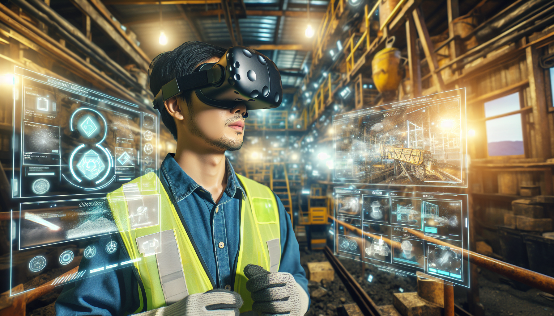 Man waring vr headset and yellow safety vest