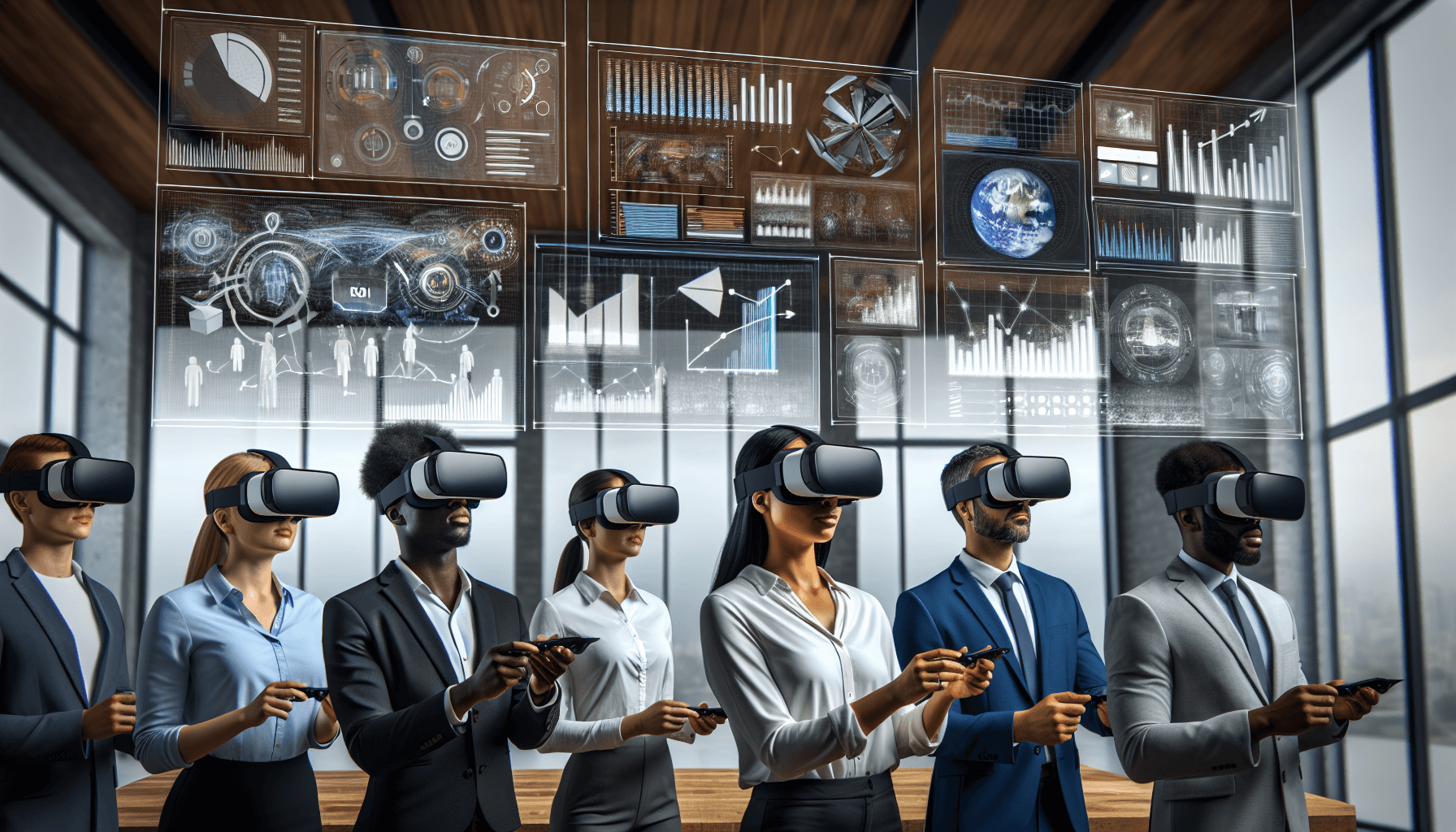 A diverse group of professionals, each wearing VR headsets, interact with advanced virtual data displays in a modern office environment, surrounded by large glass windows