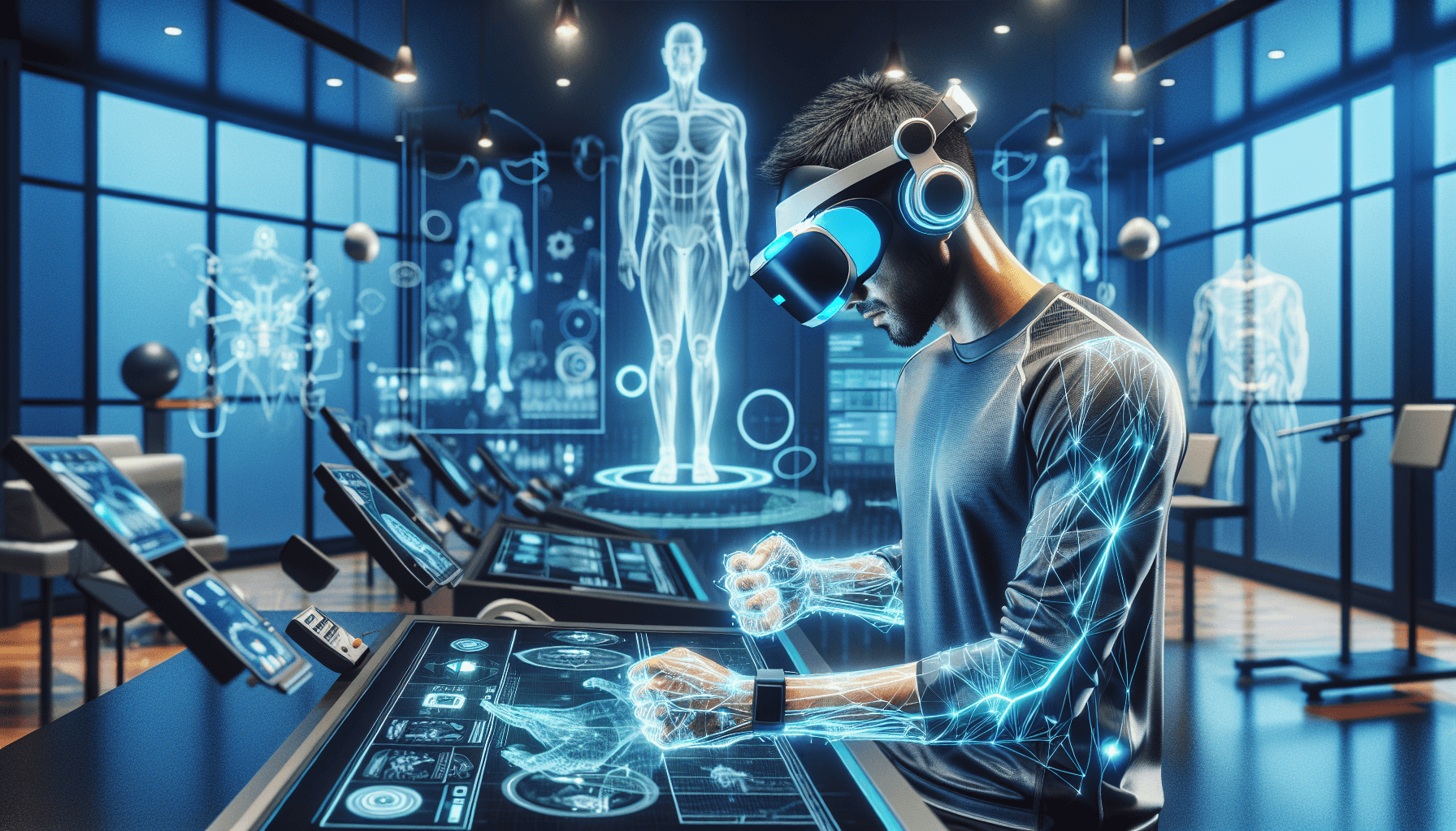 A man wearing a virtual reality headset interacts with futuristic medical holograms and interfaces in a high-tech lab environment, surrounded by anatomical and digital displays