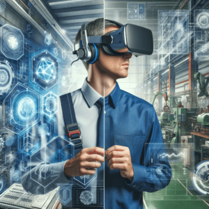 A split image of a man wearing a virtual reality headset against a high-tech digital background on one side, and a factory setting with industrial equipment on the other side