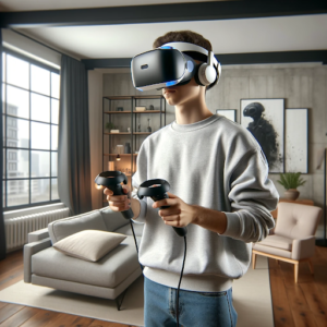 A young man wearing a VR headset and holding controllers is engaged in a virtual reality experience in a modern living room