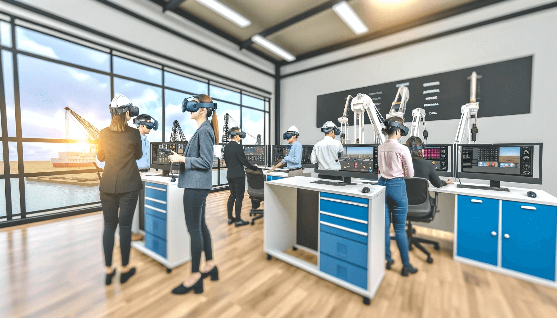 An office setting where a group of diverse professionals wearing VR headsets are engaged in virtual reality simulations. The room is modern.