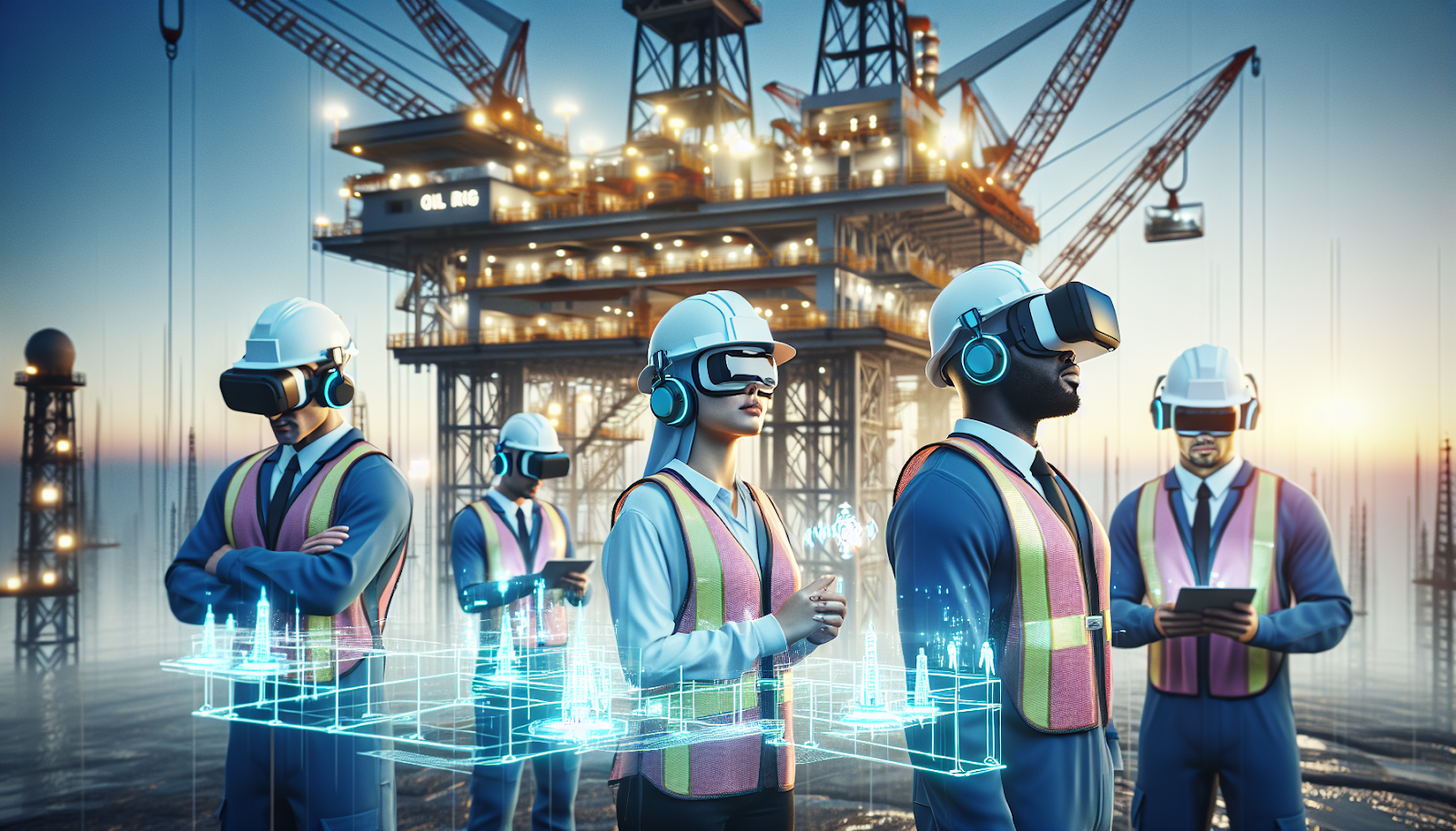Oil rig workers in safety gear using virtual reality headsets to interact with holographic oil rig schematics