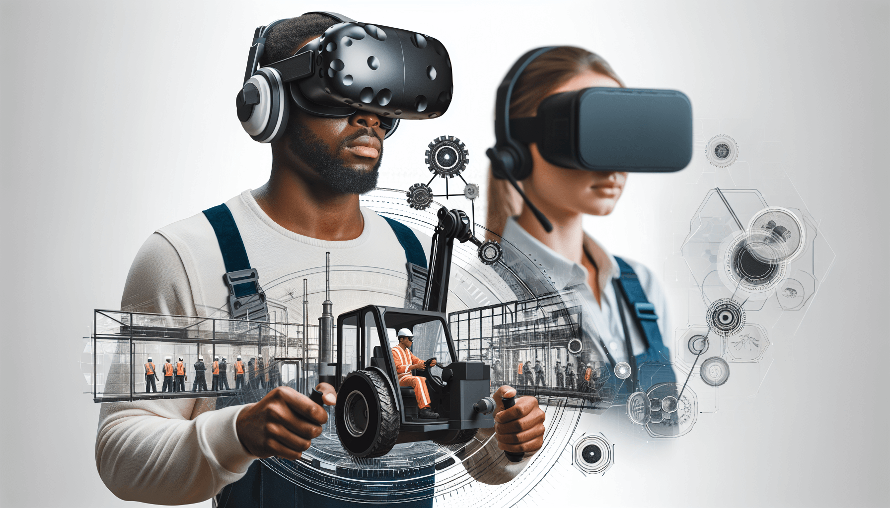 Two operators, a man and a woman, wearing VR headsets and standing in front of a digitally overlayed conceptual graphic showing industrial training scenarios and mechanical elements
