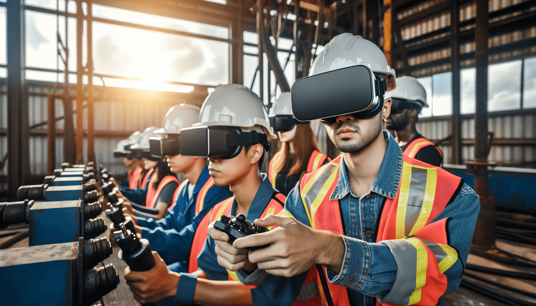 A group of workers in safety helmets and reflective vests are engaged in a virtual reality training session, operating simulated machinery in a well-lit industrial setting.