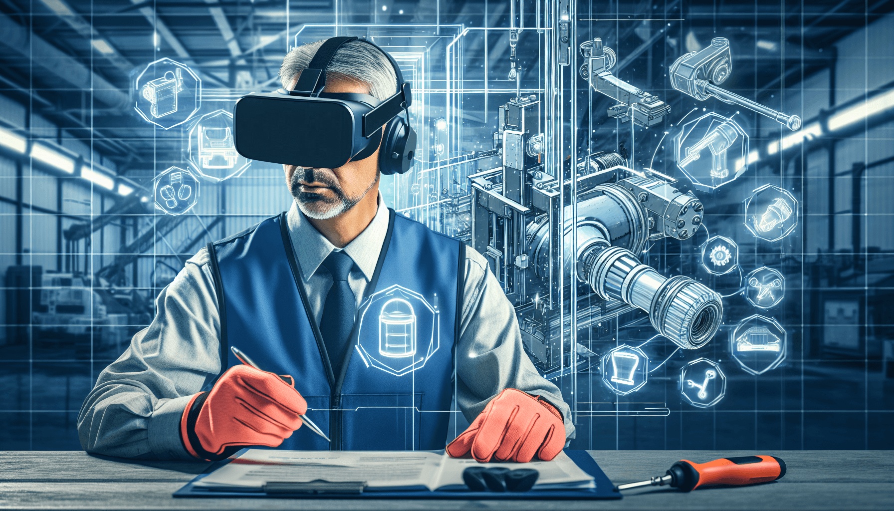 A mature man in professional attire and VR goggles examines documents at a desk, surrounded by holographic industrial icons and machinery in a factory setting