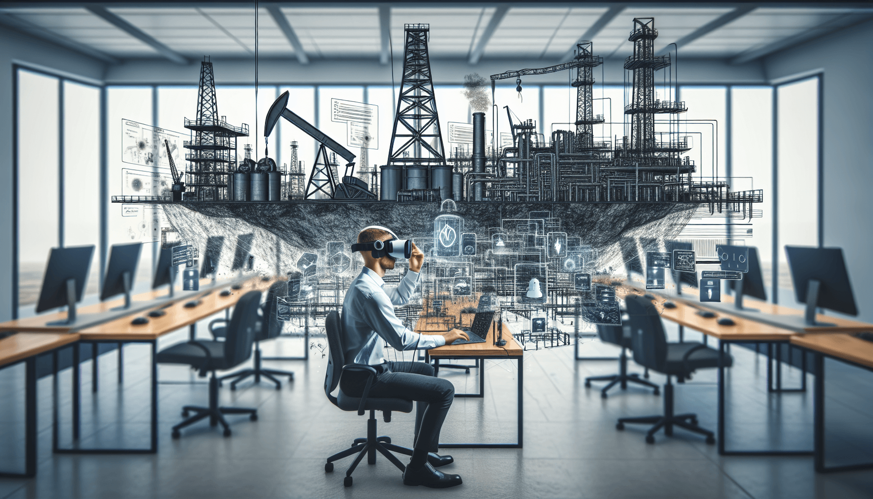 A professional in a modern office uses a VR headset to interact with a detailed virtual simulation of an oil and gas industrial environment, displayed vividly across the workspace.