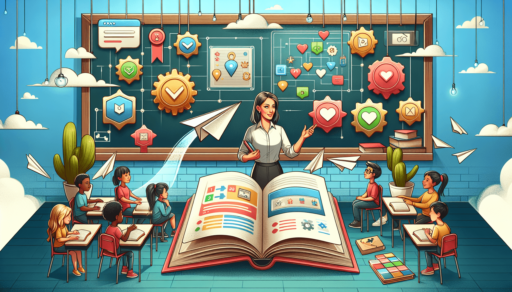A teacher gestures enthusiastically in a colorful, gamified classroom filled with diverse students and floating digital icons, illustrating an interactive and modern learning environment