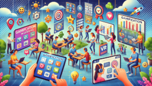 A vibrant classroom scene with diverse students engaging with digital tools and gamification elements, highlighting modern educational approaches in a dynamic environment