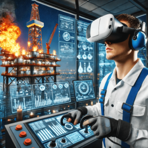 An oil and gas worker wearing a VR headset and gloves engages in a simulated training scenario with realistic virtual fires and machinery on an oil rig