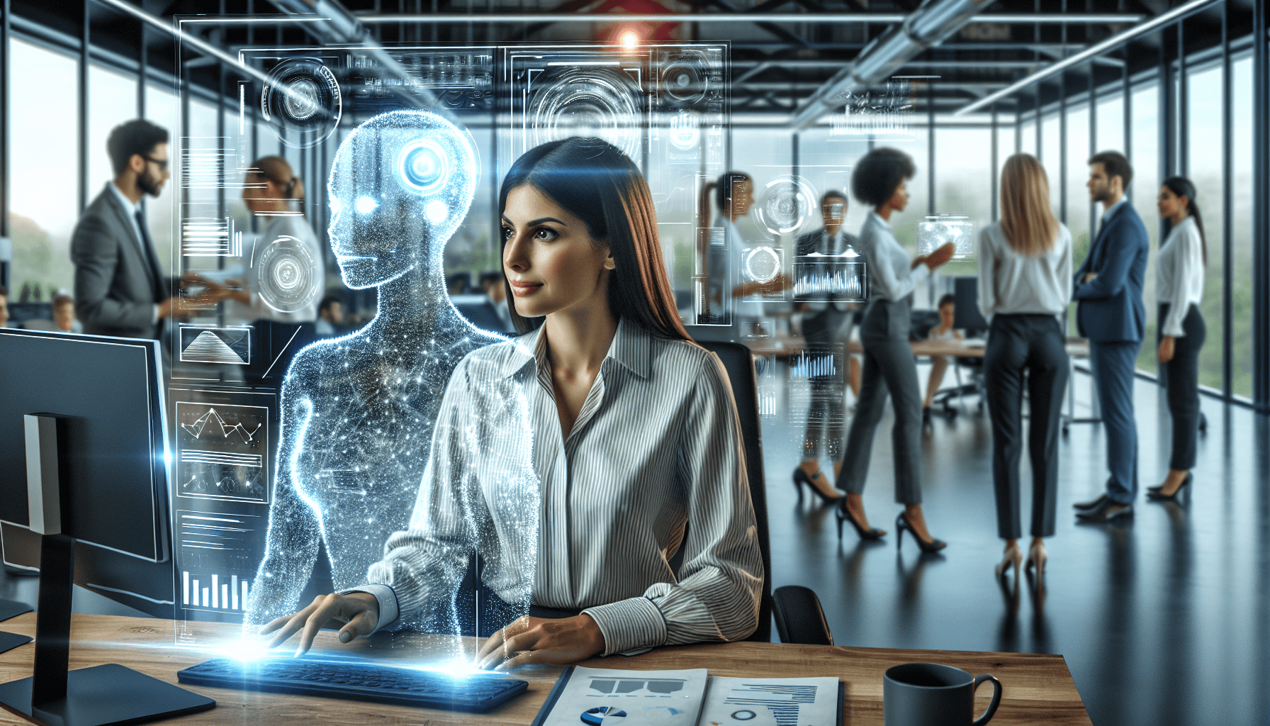 This image depicts a futuristic office setting where a woman interacts with a holographic artificial intelligence interface, surrounded by colleagues engaged in discussions and work