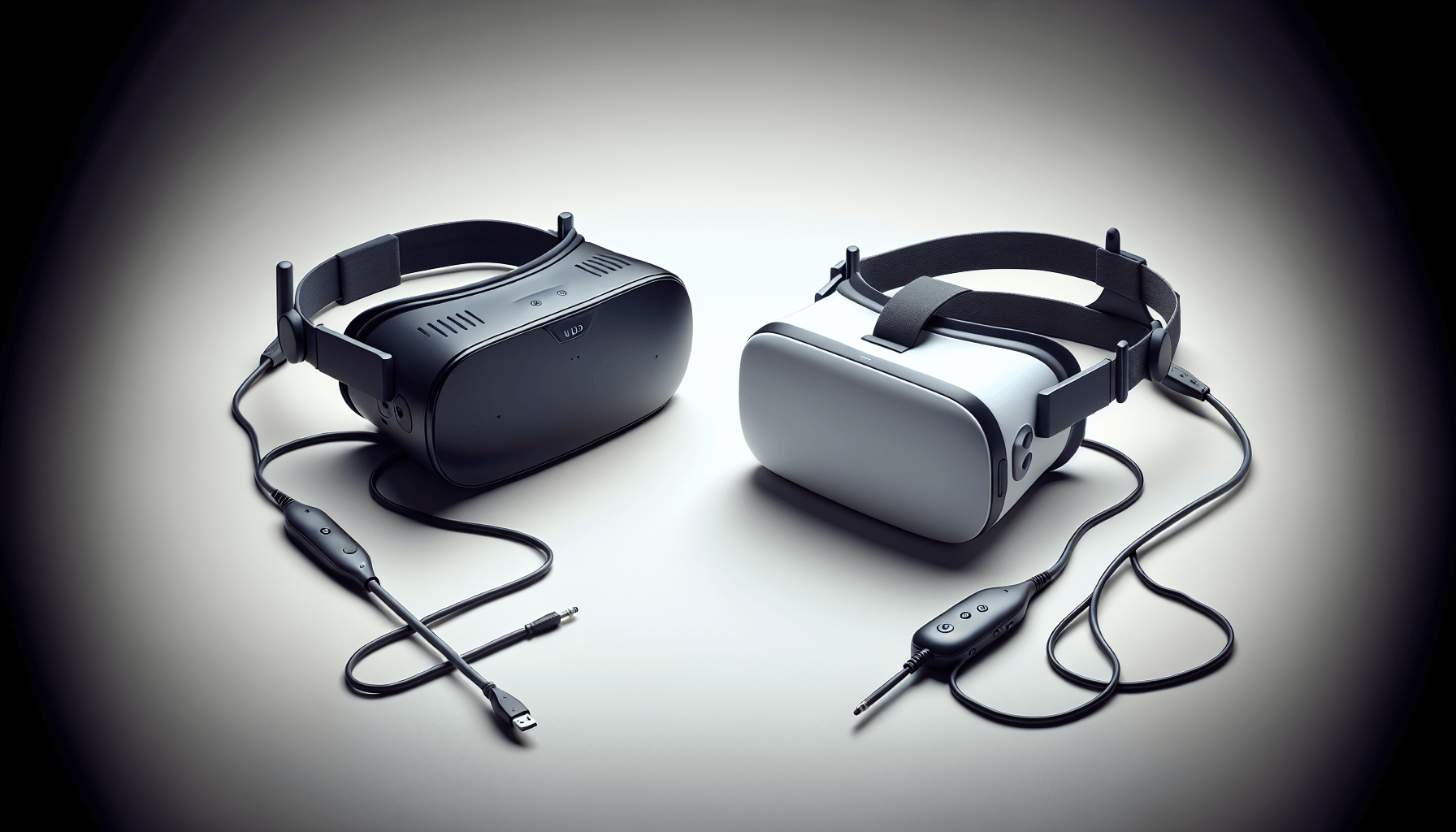Two modern VR headsets, one dark and one light, with connected controllers, displayed against a soft gradient background, highlighting their sleek design and advanced technology features