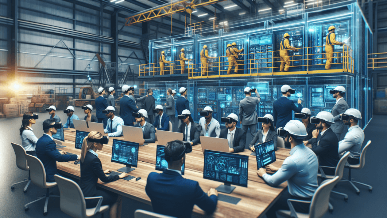 A group of professionals in a high-tech industrial setting wear VR headsets and engage with interactive digital interfaces, simulating a dynamic workplace training scenario