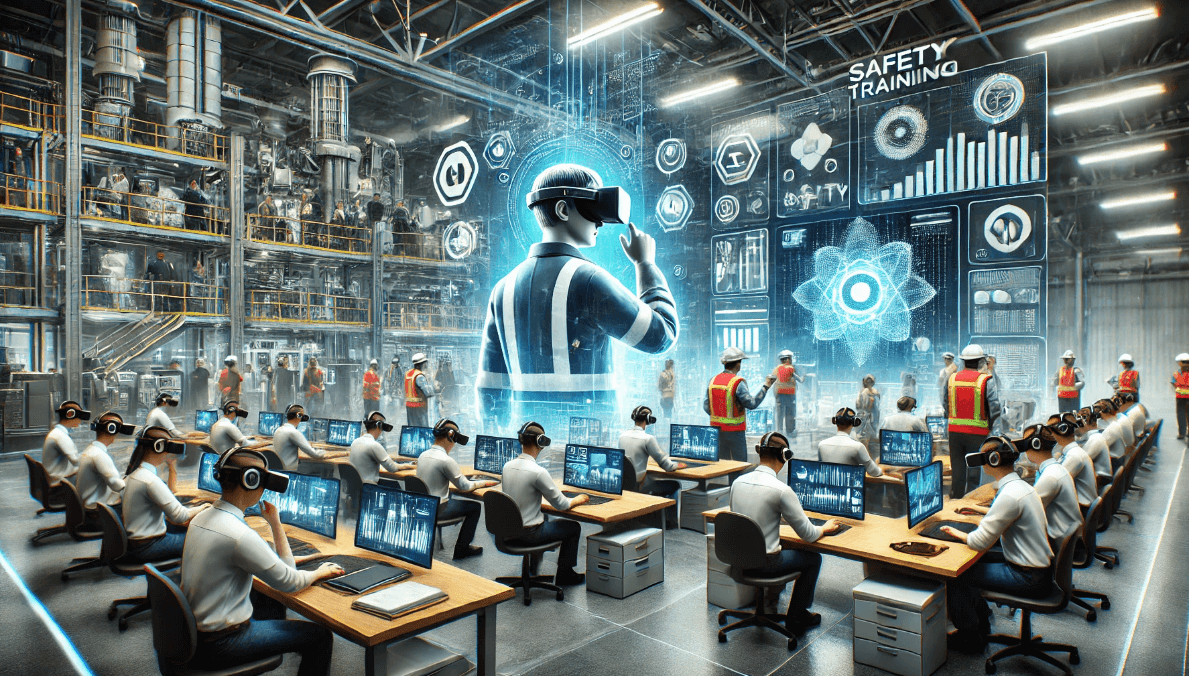 A high-tech industrial training facility where employees use VR headsets and digital interfaces for immersive safety training, surrounded by advanced simulations and safety protocols