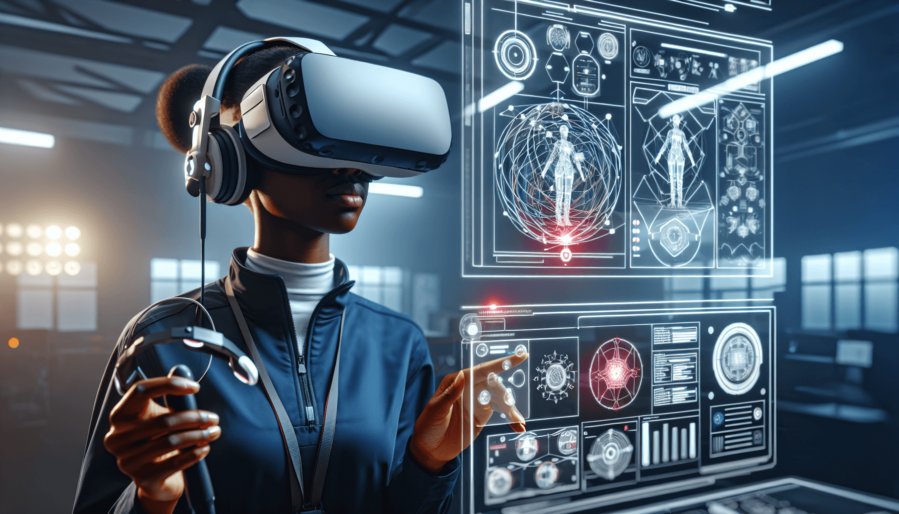 A professional wearing a VR headset interacts with a high-tech virtual interface, showcasing detailed graphics and simulations in a modern training environment