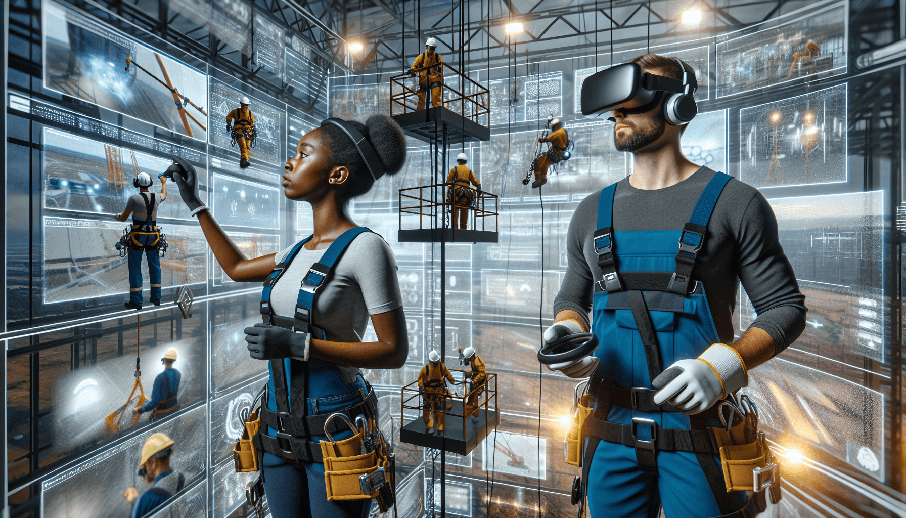 Employees wearing VR headsets engage in immersive working at height training modules, including PPE usage, rescue operations, and fall protection measures, in a high-tech environment
