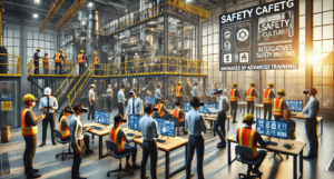 Workers in a high-tech industrial training environment use VR headsets and digital interfaces, focusing on safety and advanced training practices, with an emphasis on interactive learning