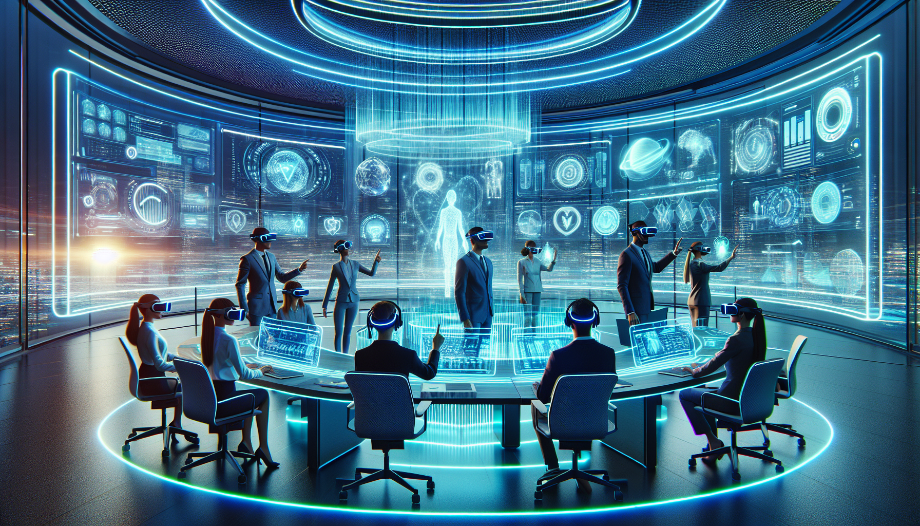 A group of professionals wearing VR headsets engage in immersive training within a futuristic, high-tech environment featuring holographic displays and digital interfaces