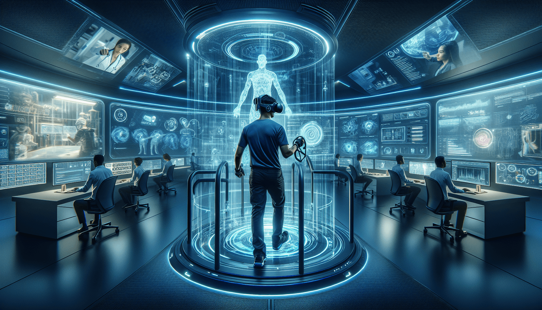 A professional wearing a VR headset engages in immersive training within a high-tech environment, surrounded by advanced holographic displays and digital interfaces