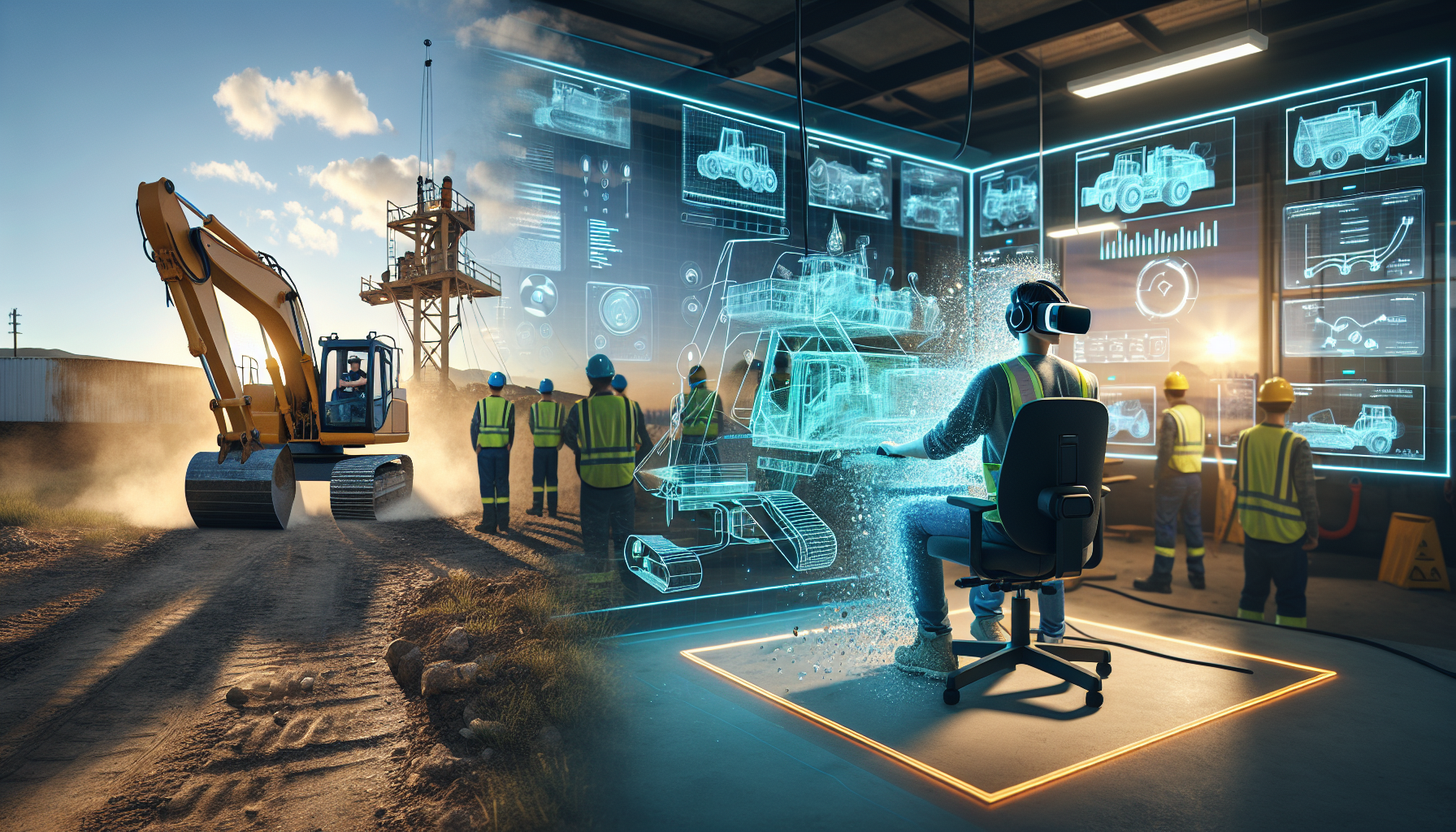 A worker using VR technology for heavy equipment training in a high-tech environment while other workers observe on-site operations
