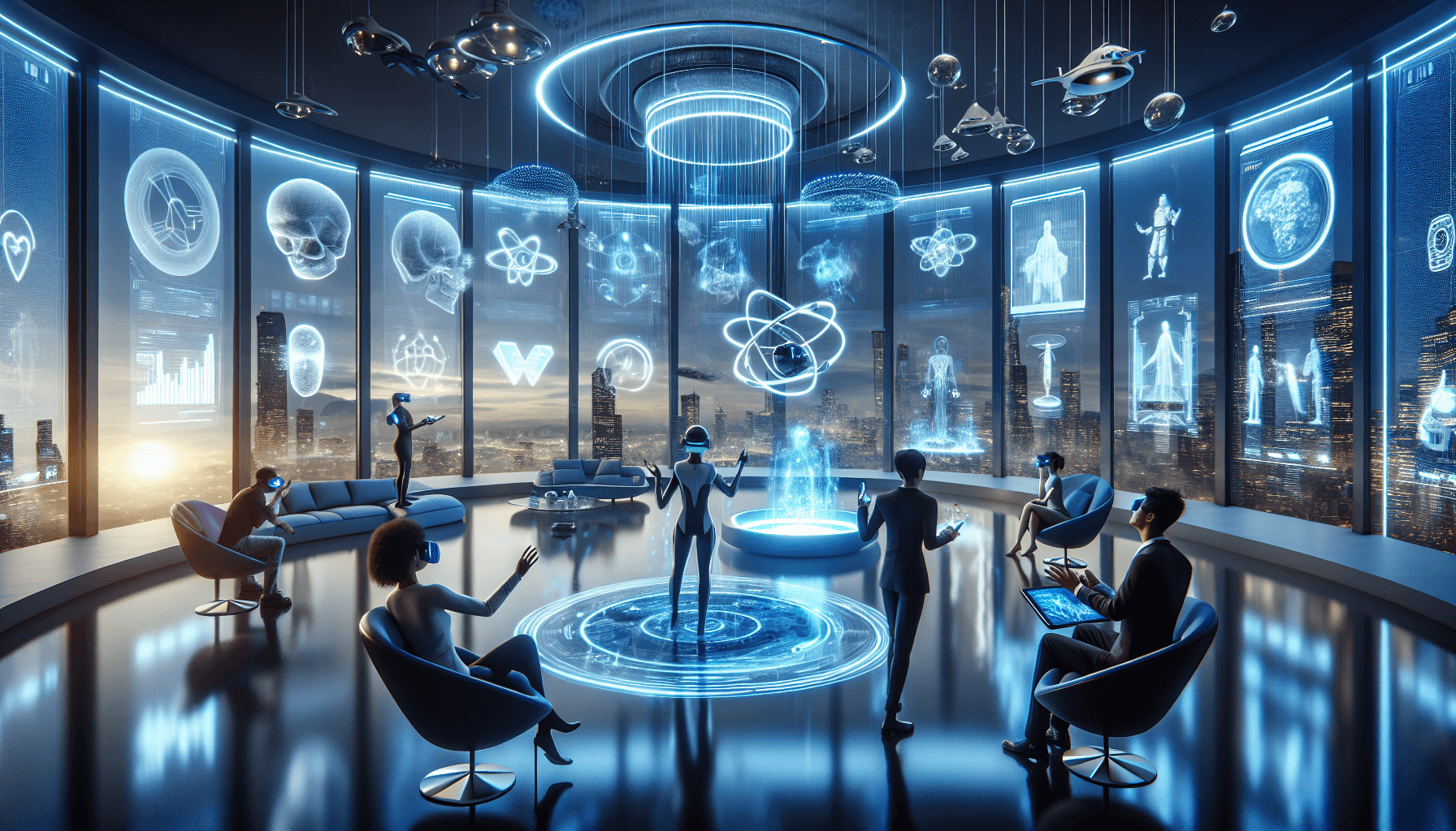 A futuristic room filled with people wearing VR headsets, surrounded by glowing holographic displays and digital elements, engaging in an immersive virtual reality experience