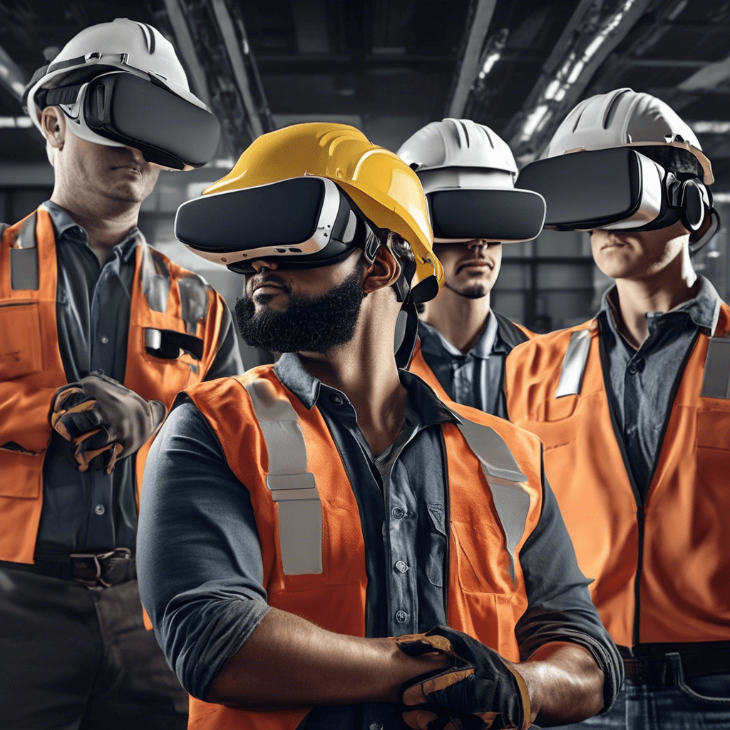 A group of construction workers wearing safety gear and virtual reality headsets participate in a VR training simulation in an industrial setting