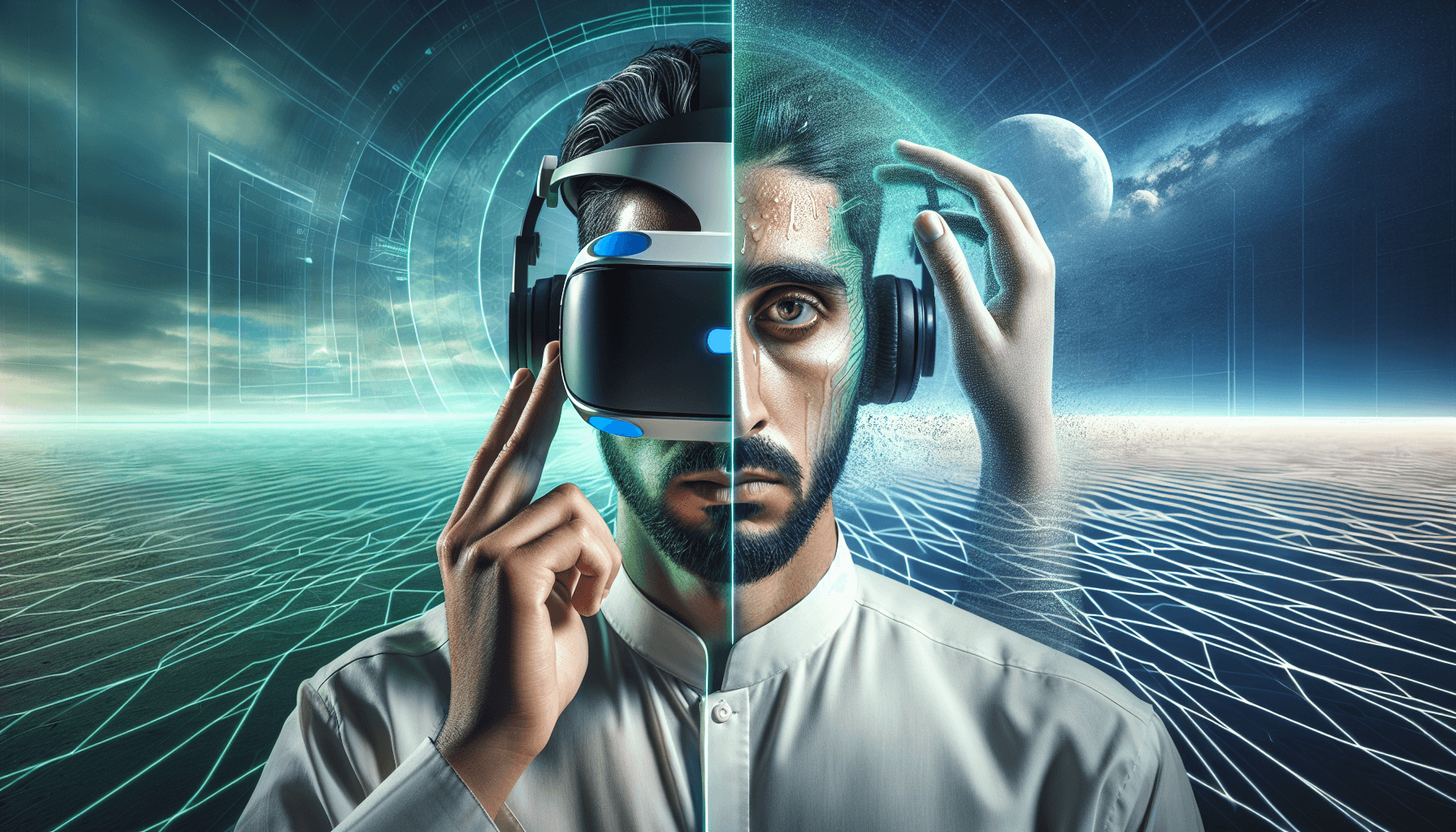 A man with a VR headset, split between virtual immersion and physical discomfort displaying virtual reality motion sickness
