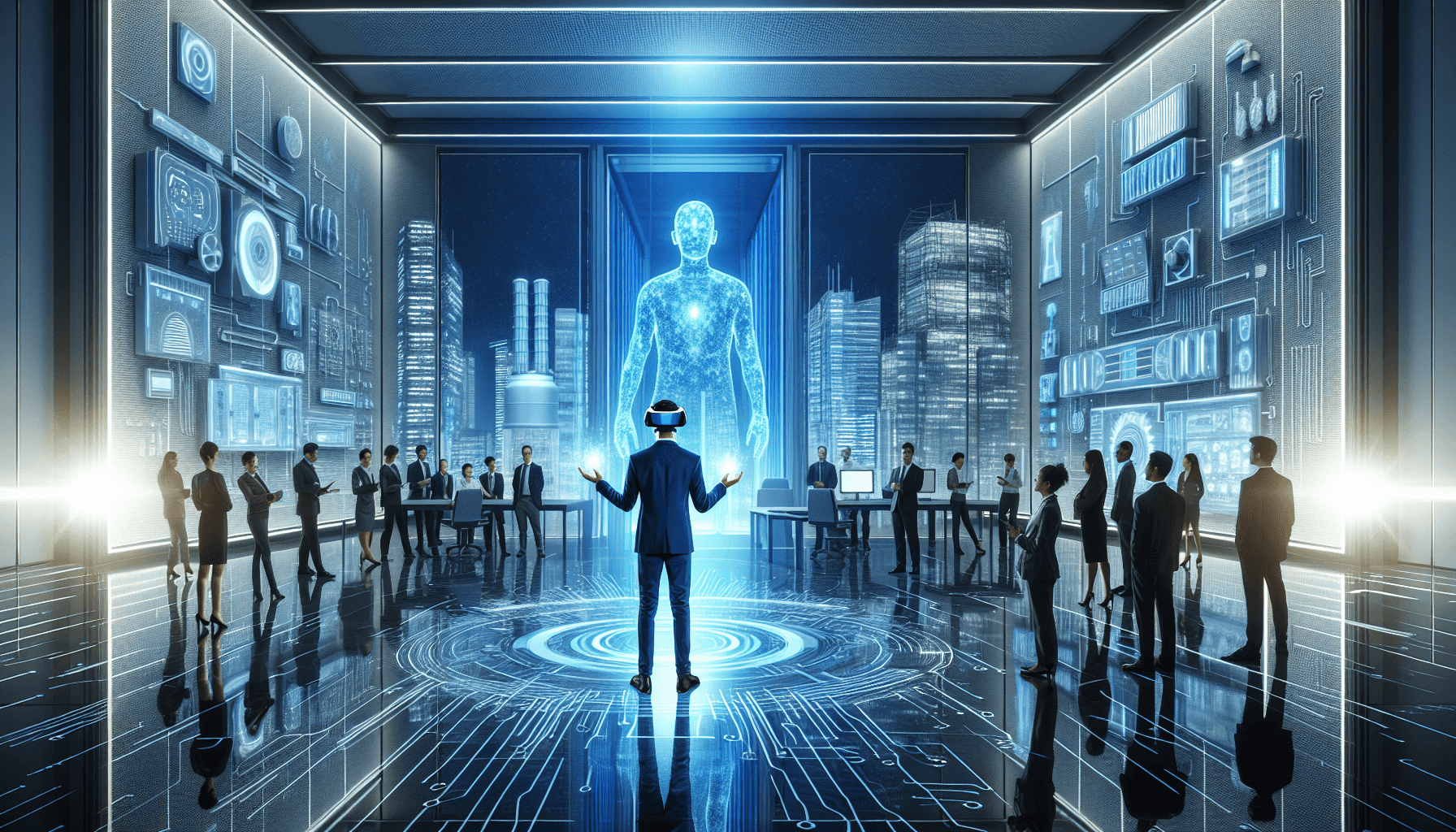 A person wearing a VR headset stands in a futuristic conference room, surrounded by business professionals and a large holographic human figure.