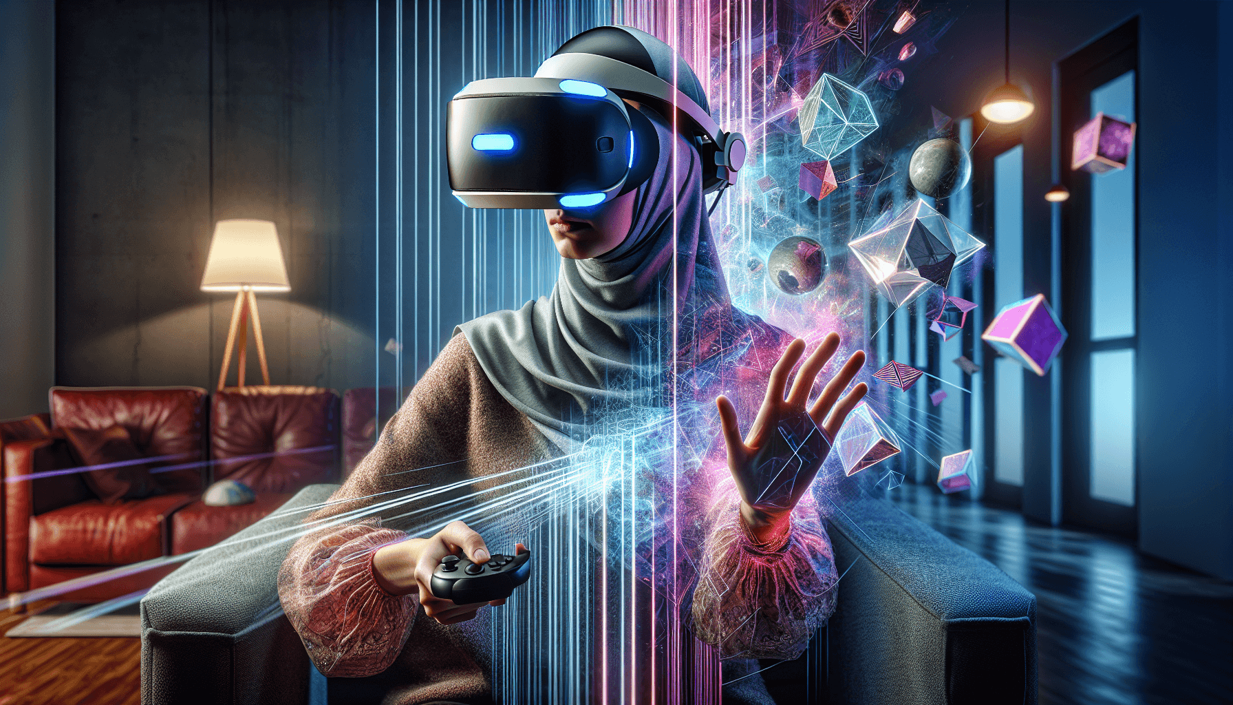 A woman wearing a VR headset interacts with a vivid and dynamic virtual environment, using a controller while sitting in a modern living room