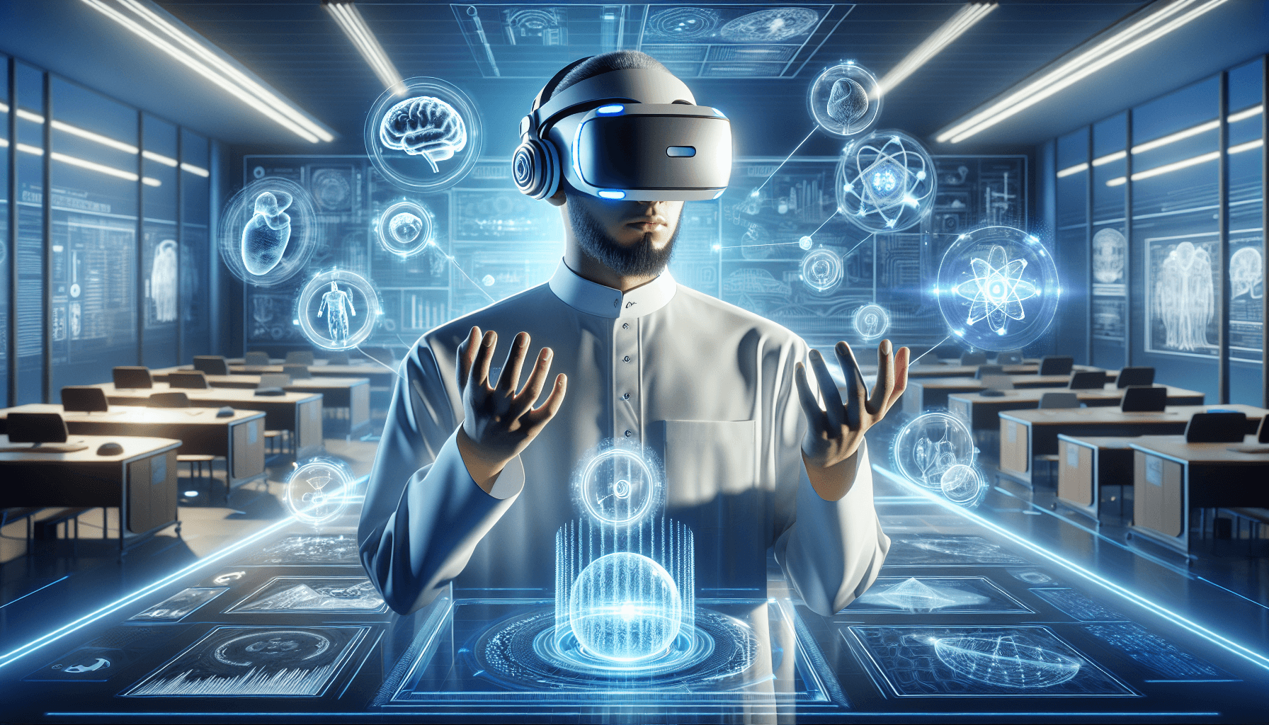 A person wearing a virtual reality headset interacts with a futuristic digital interface, surrounded by holographic scientific icons and educational symbols in a classroom setting