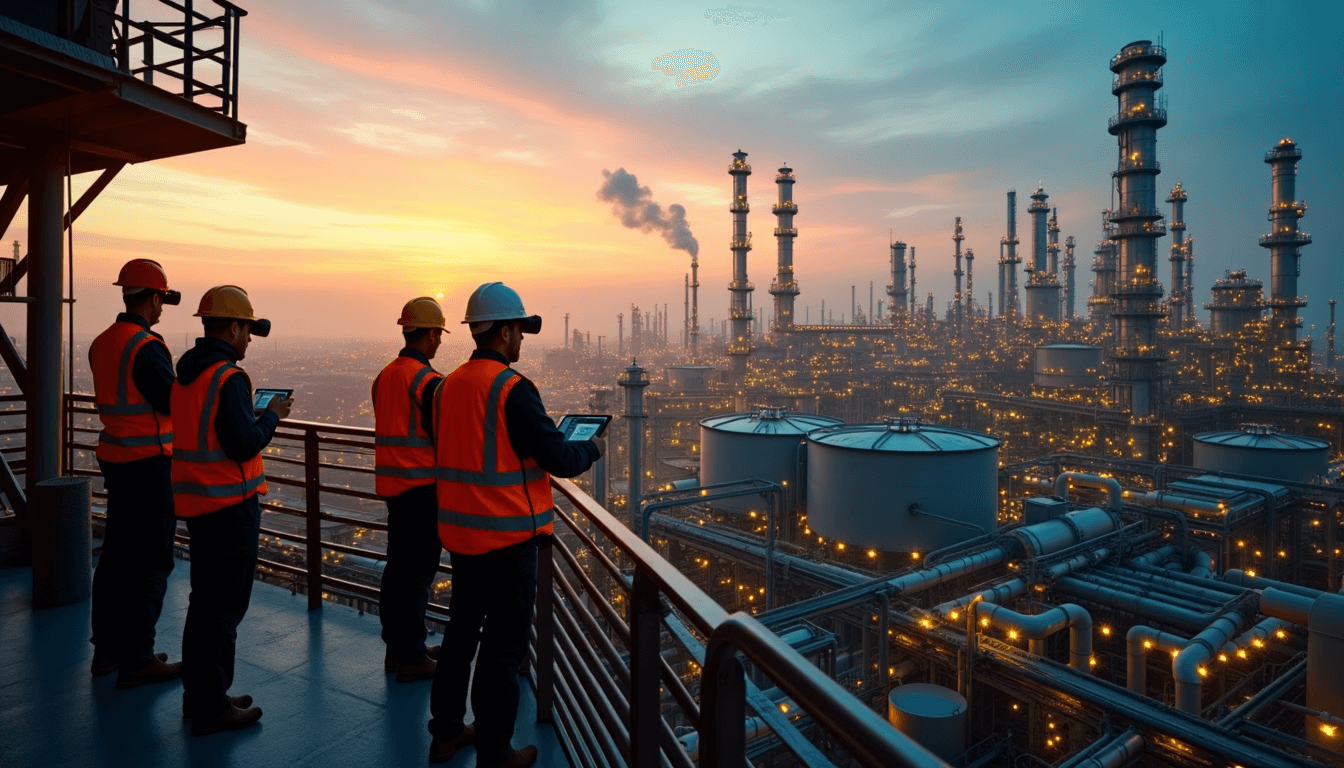A group of workers in safety gear, wearing VR headsets, overlooks an expansive industrial refinery at sunset, simulating operational tasks