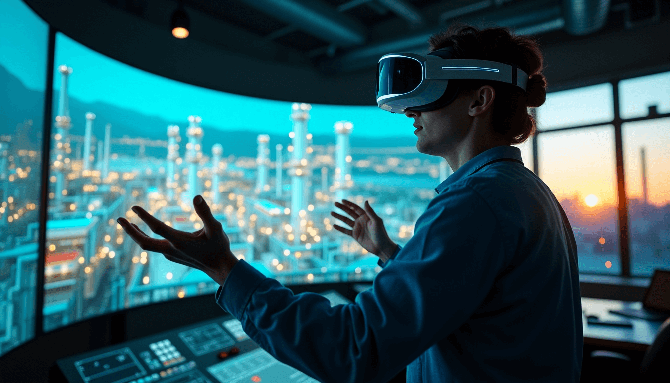 A person wearing a VR headset operates a control panel in a virtual oil refinery environment, simulating complex industrial operations during sunset