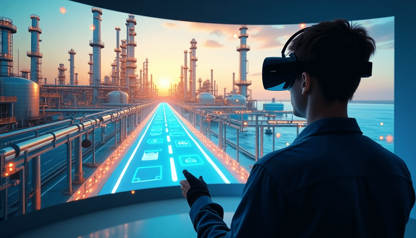 A person wearing a VR headset operates a control panel in a virtual oil refinery environment, simulating industrial processes with a sunset backdrop